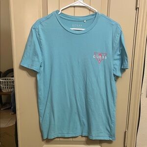 GUESS Men's Blue Medium Shirt with Pink Guess Emblem